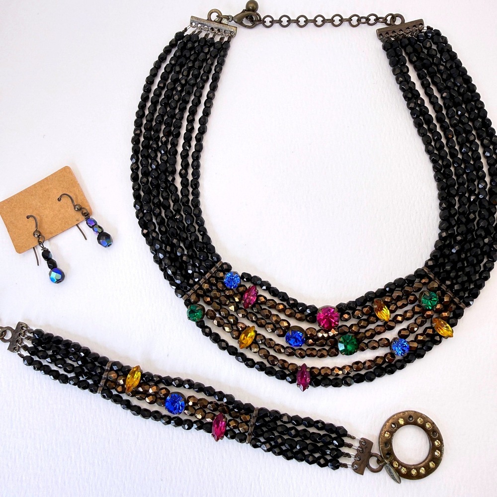 Chicos Black Beaded Statement Necklace Bracelet Earrings Set Rhinestones